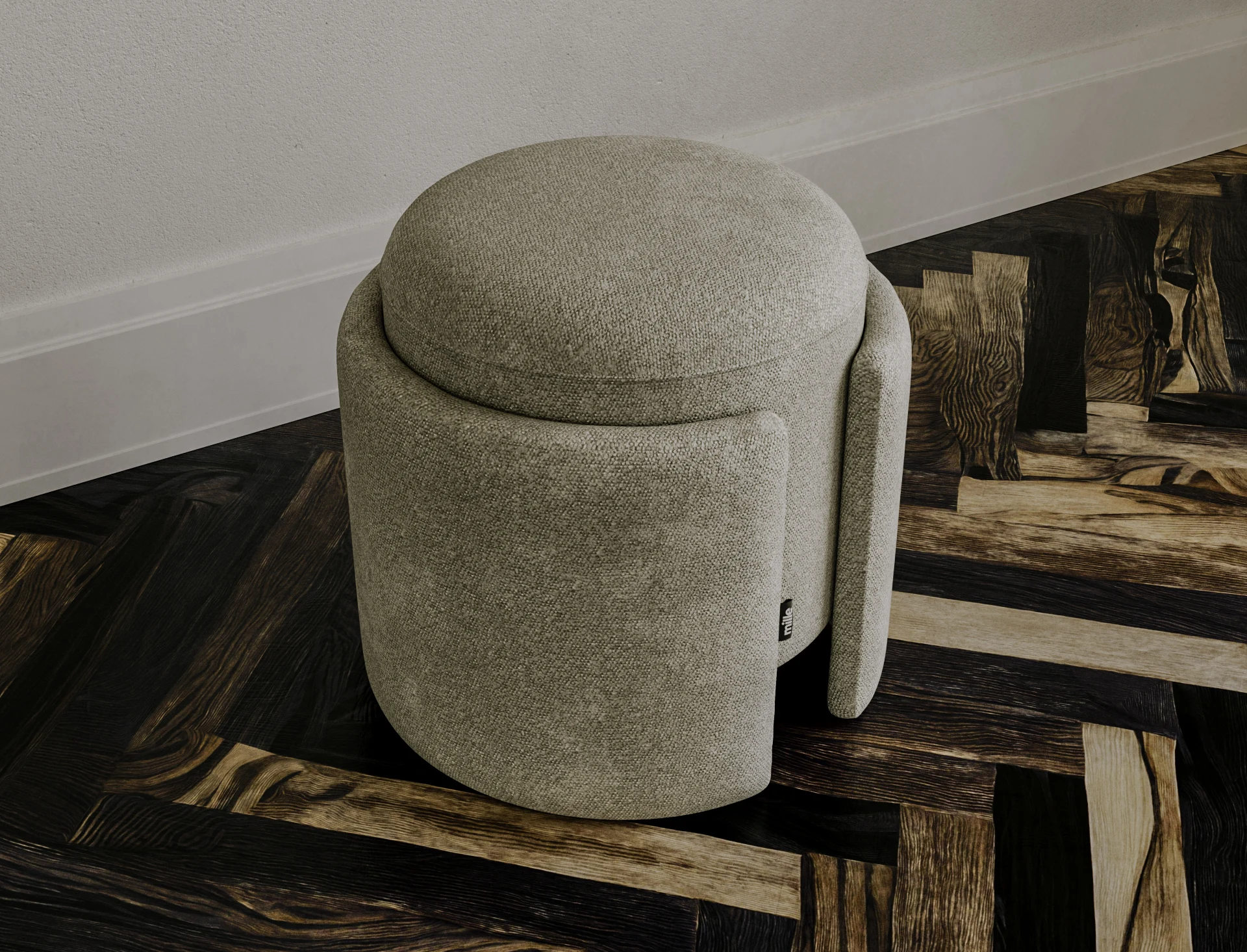 Studio render of the cream bouclé Eden pouf on a parquet floor