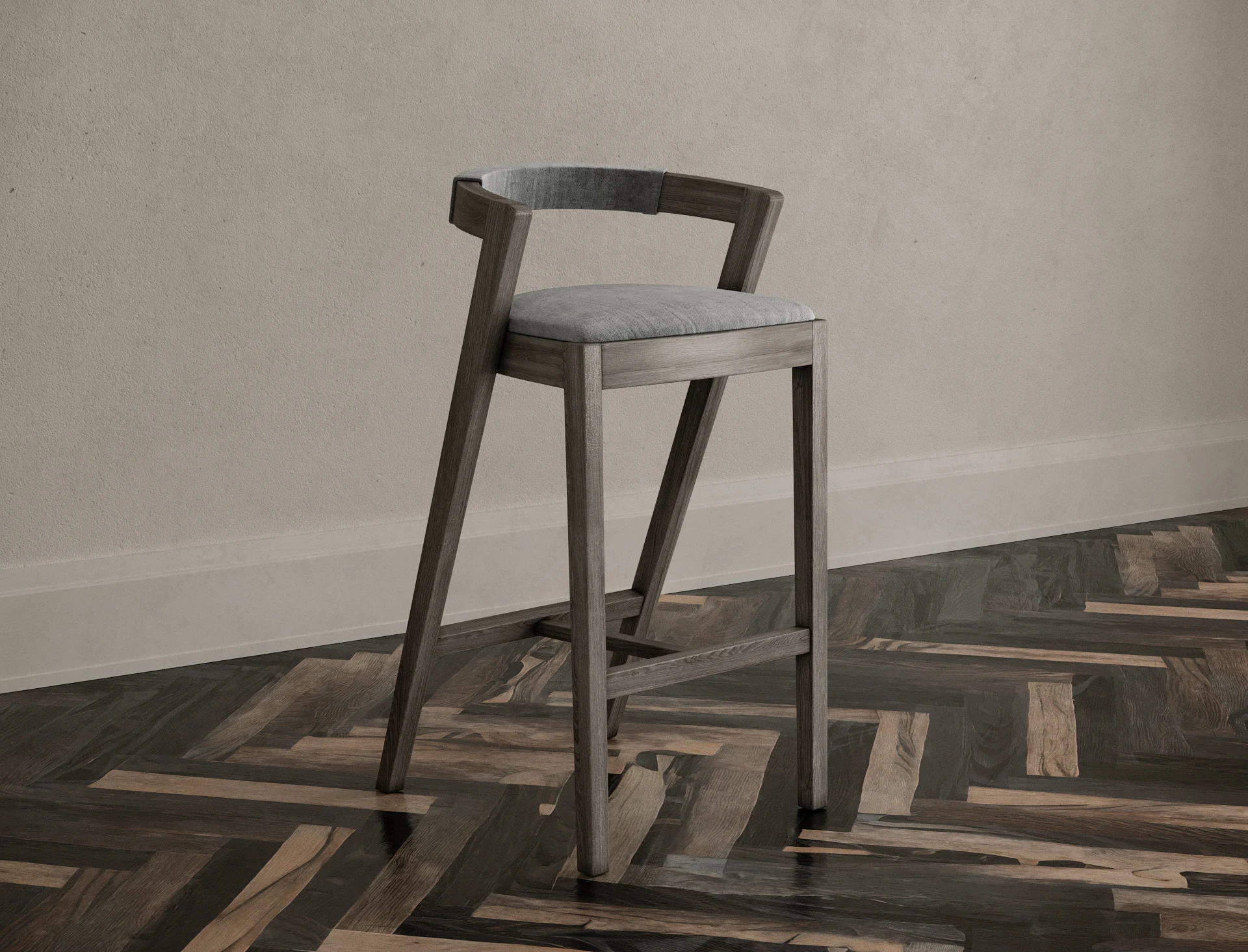A single black-ash Baffi bar stool, front three-quarter, showing the sawhorse frame, footrest brace and round upholstered seat