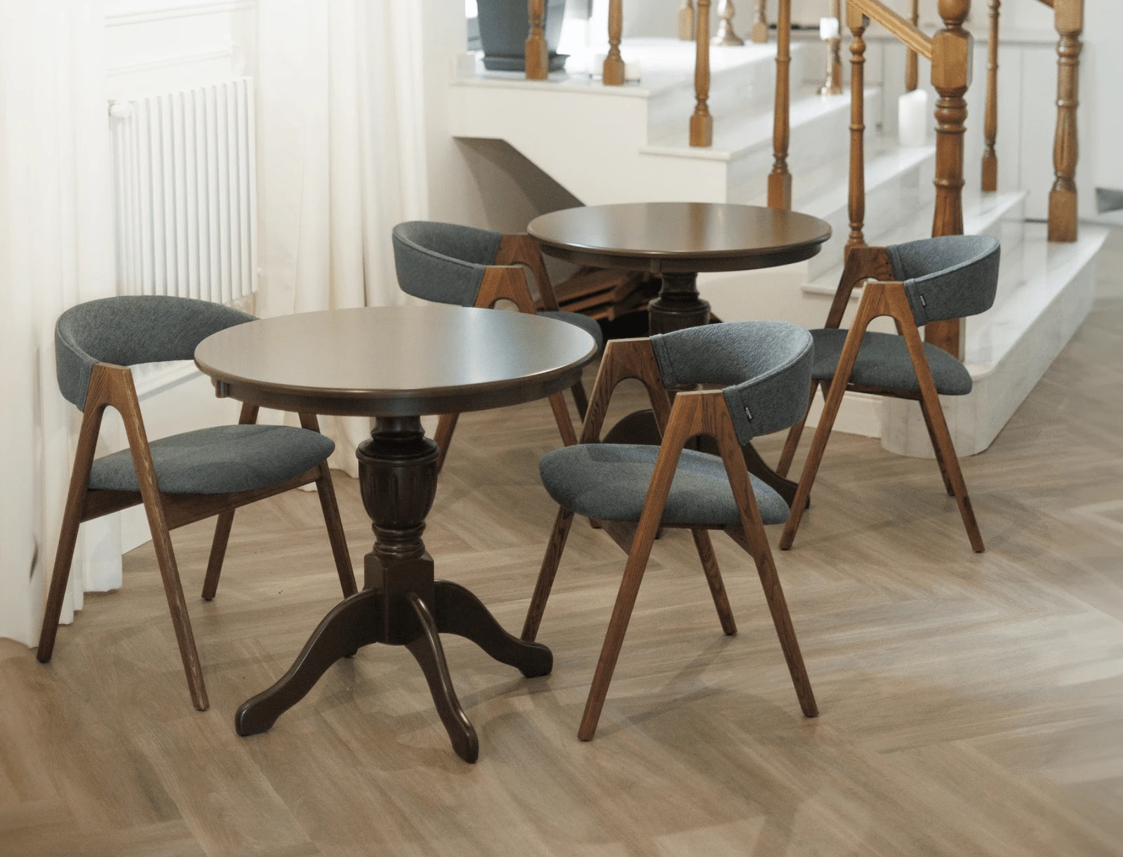 Lain chair upholstered in Atlas 801 Belgian fabric on natural-ash frame