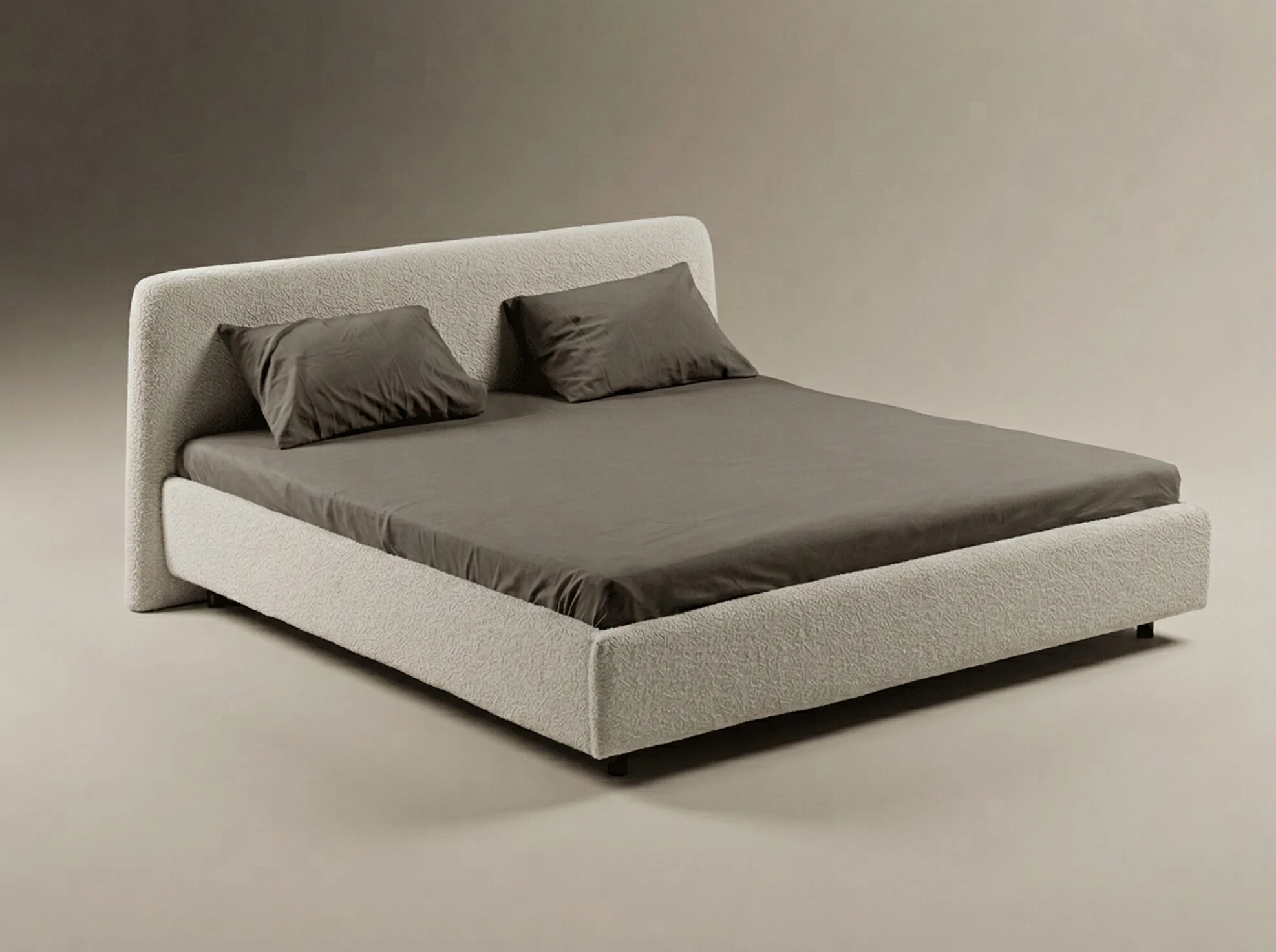 Soft pillow-form bed in warm cream boucle, studio render