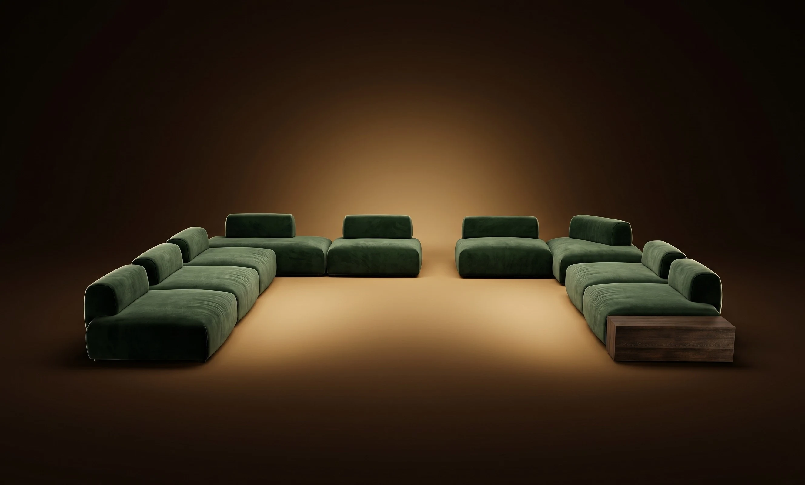 A green Mille island arrangement, set freely across the floor, in a dark studio