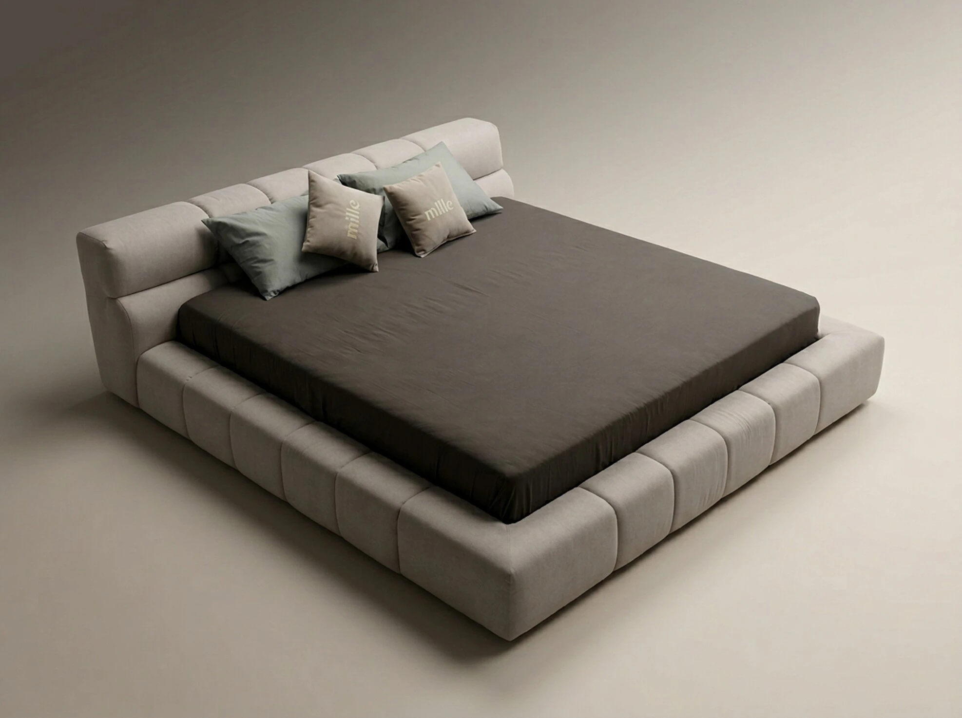 Pillow-form bed in cream Belgian boucle, studio render