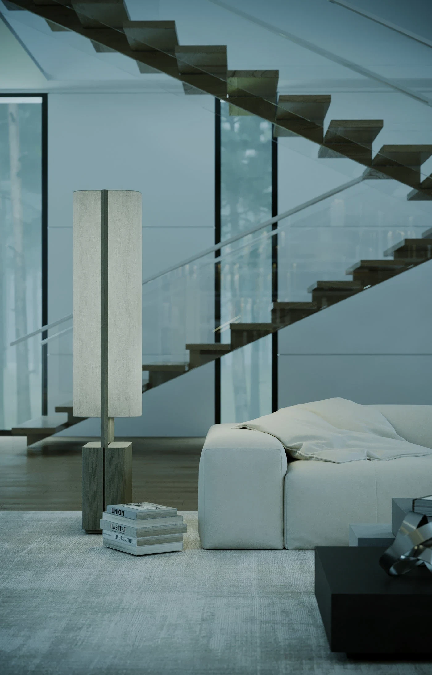 Cream Nami beside a cantilevered timber stair in a blue-grey interior