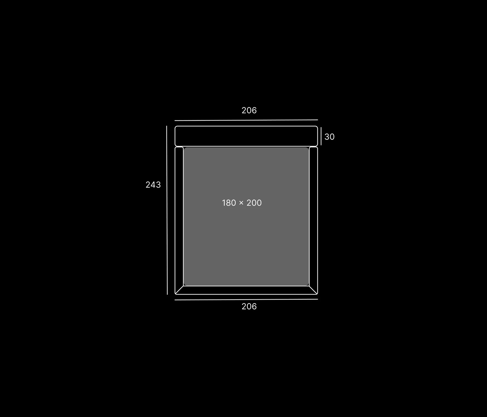 Top-down dimensions diagram showing the Belagio at 206 by 243 centimetres outer footprint around a 180 by 200 centimetre mattress, headboard 30 cm deep