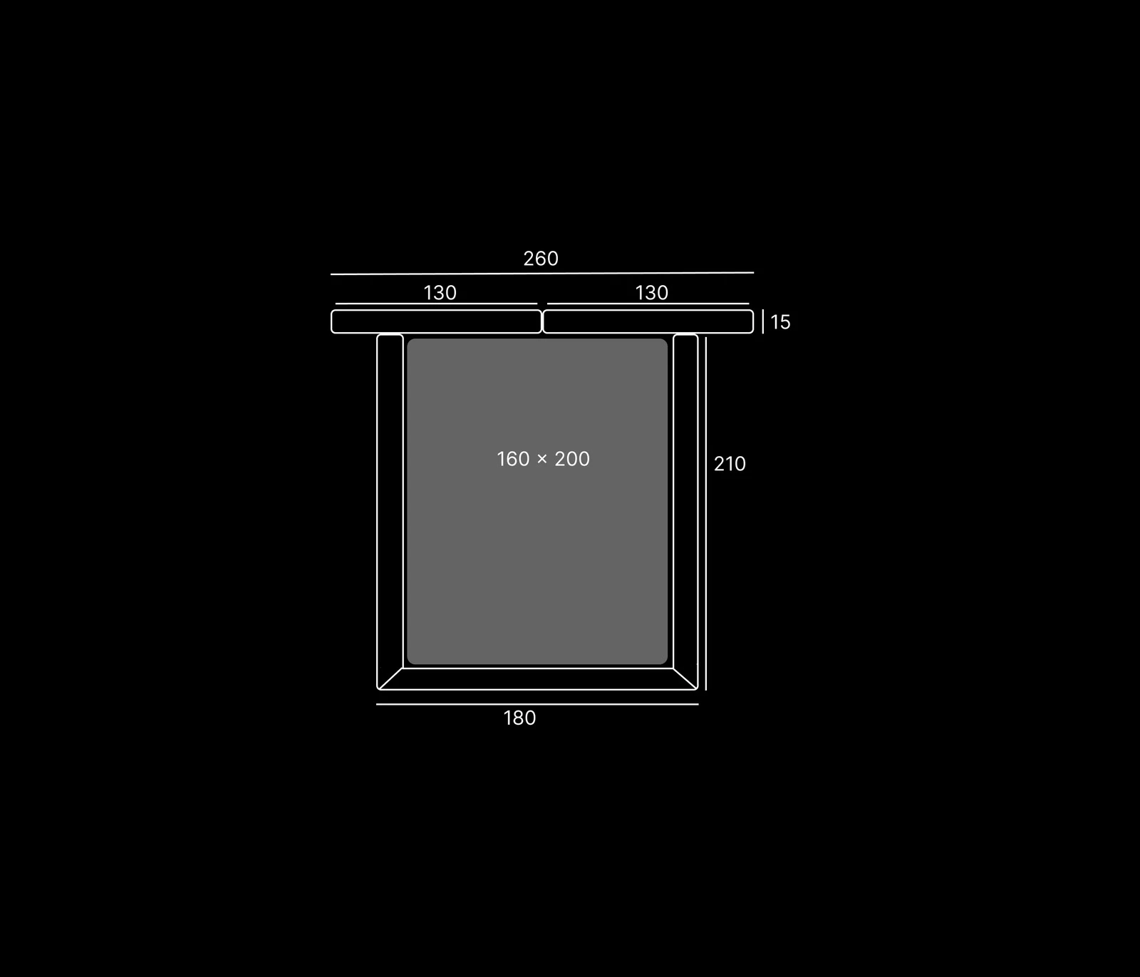 Top-down dimensions diagram showing the Palermo at 260 by 210 centimetres outer footprint around a 160 by 200 centimetre mattress, headboard 15 cm deep split into two 130 cm modules