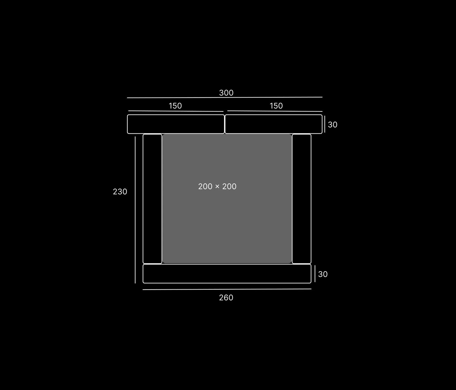 Top-down dimensions diagram showing the Palermo at 300 by 260 centimetres outer footprint around a 200 by 200 centimetre mattress, headboard 30 cm deep split into two 150 cm modules