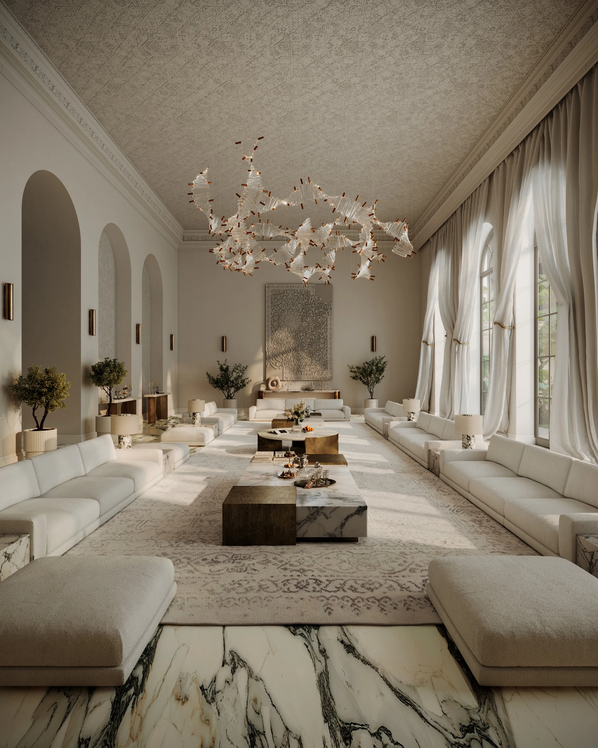 Saudi majlis with two long cream Palermo sofas facing each other across a marble floor under a sculptural chandelier