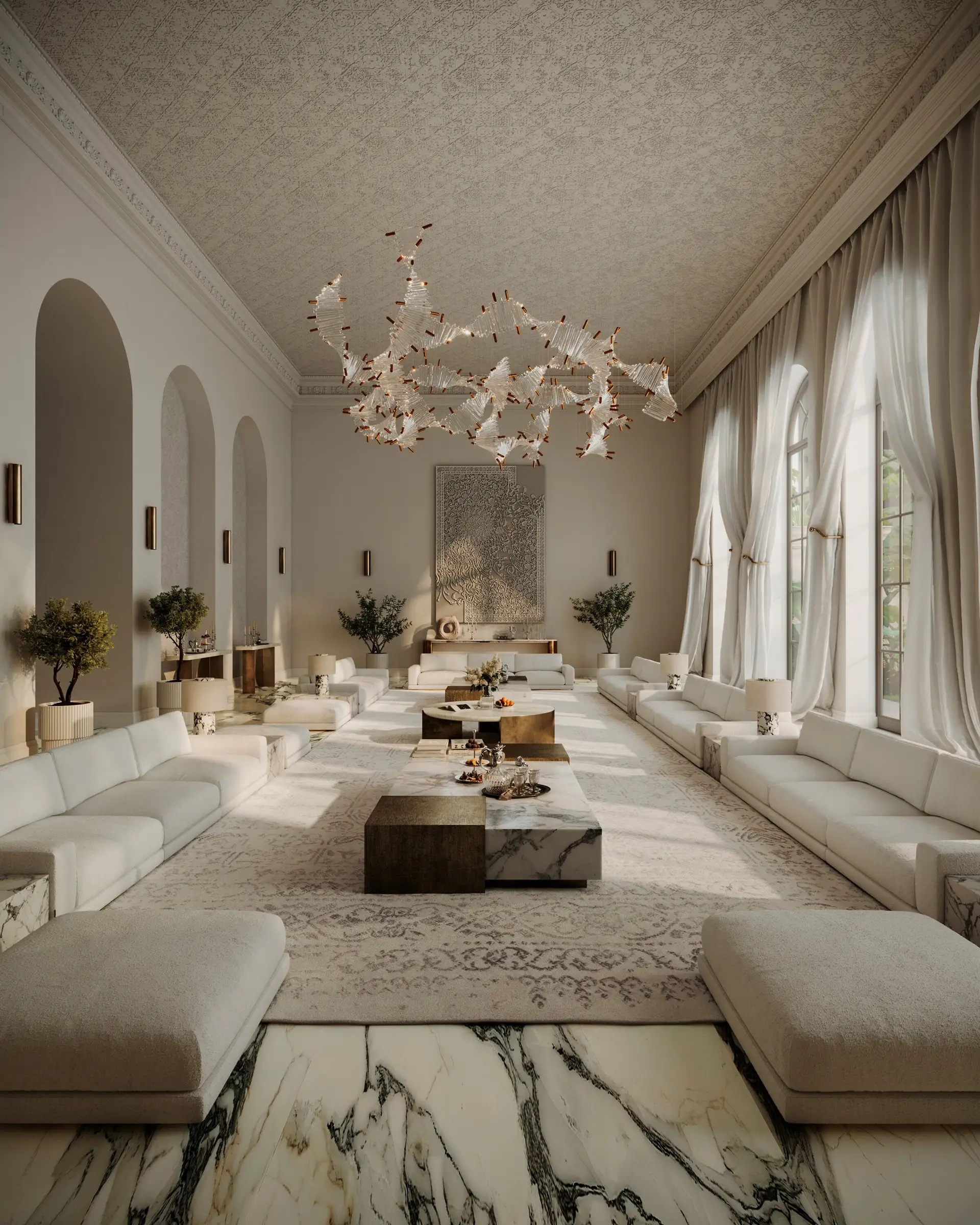 Saudi majlis with two long cream Palermo sofas facing each other across a marble floor under a sculptural chandelier
