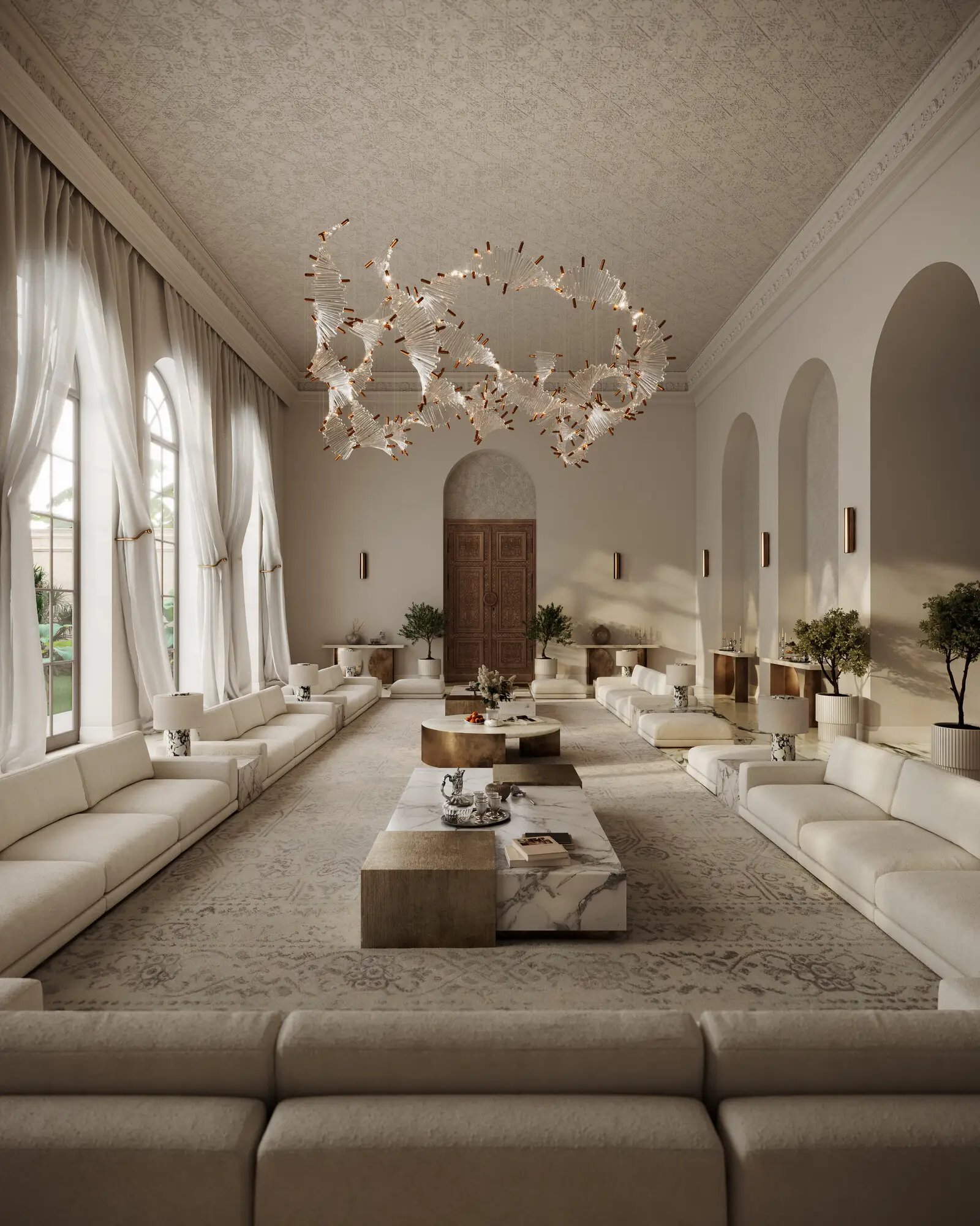 Long majlis with cream Palermos facing across, looking down the central axis toward a wood door and painting