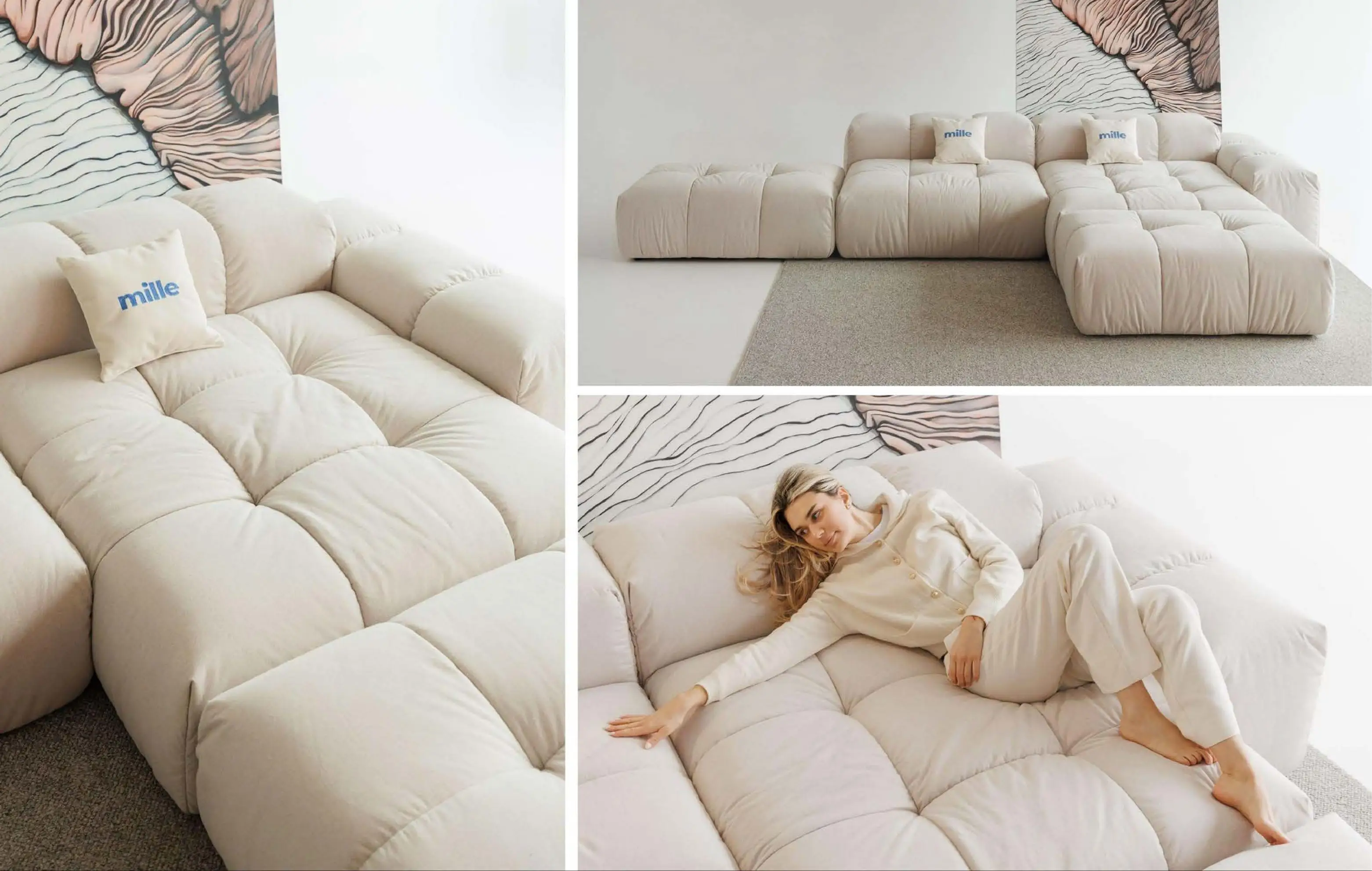 Three studio frames of a curved tufted module in cream boucle, photographed up close.