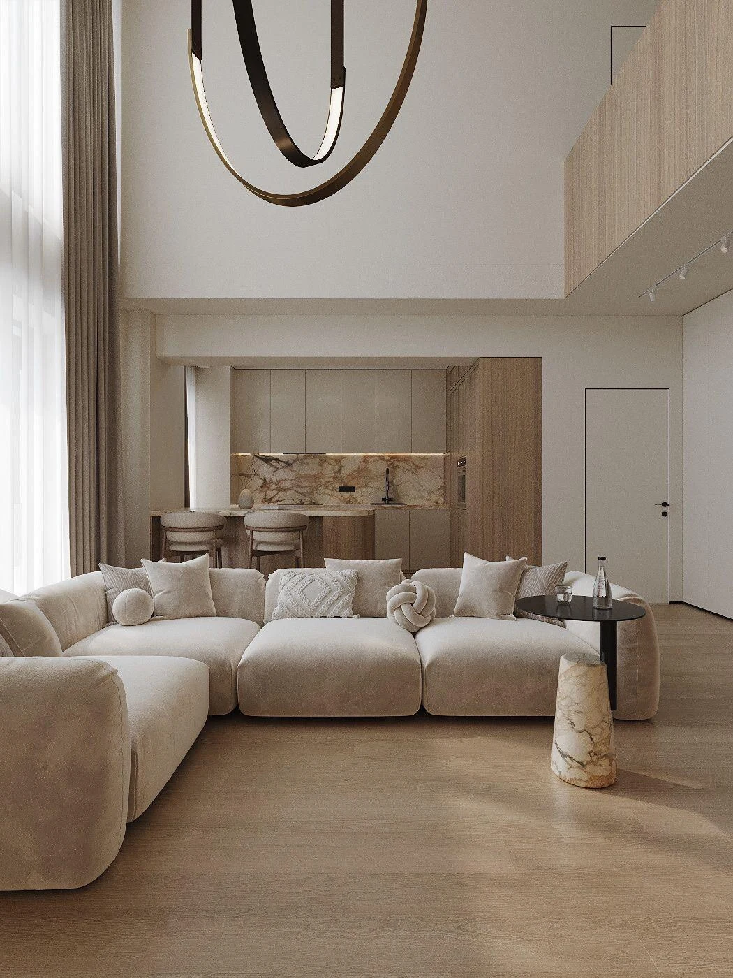 Cream Tesa in a tall apartment with a brass-and-marble pendant and a scalloped stool