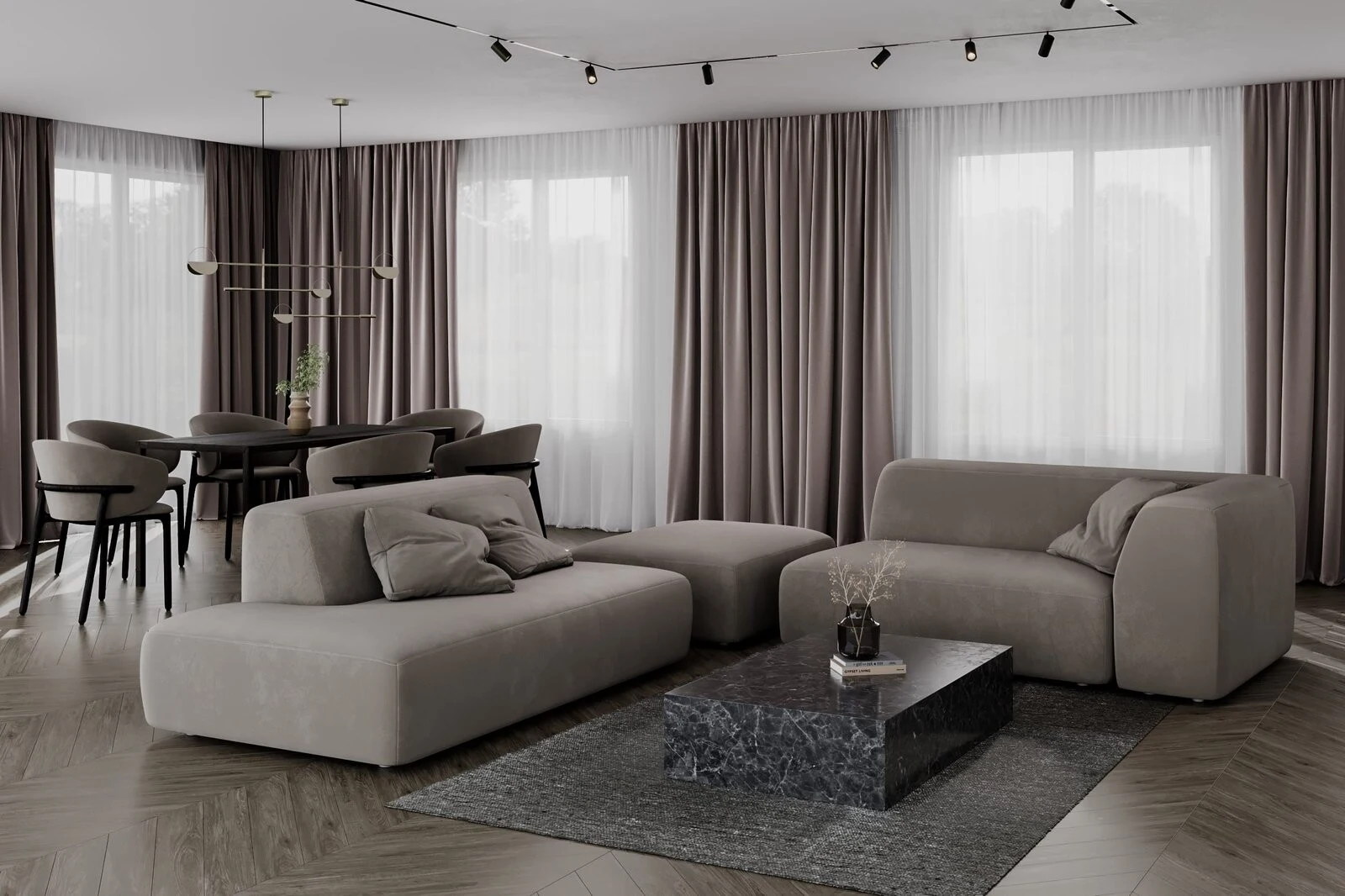 Taupe Kingston sectional in a refined dining-living room with mauve curtains and herringbone wood floor