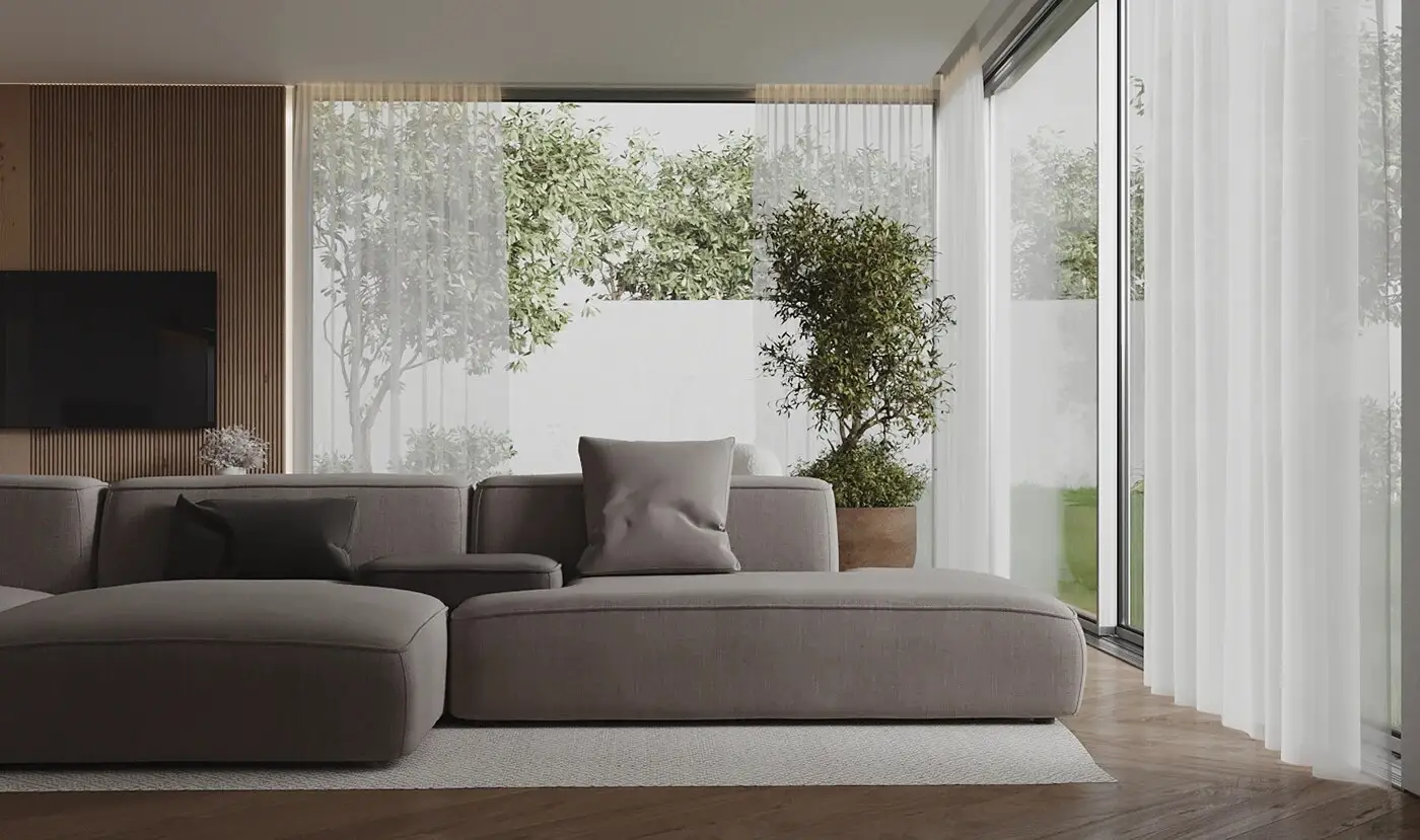 Taupe Kingston beside a floor-to-ceiling garden window