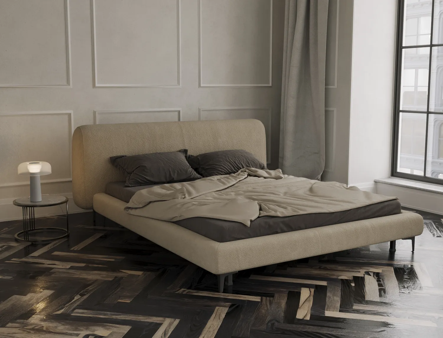 Fresco, Arched boucle bed on legs